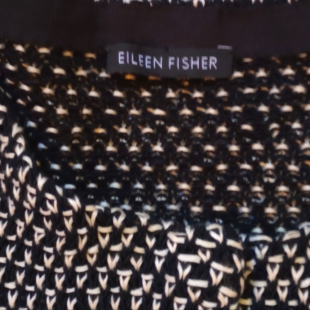 Eileen Fisher Organic Linen   Blend Hidden Snap Black White Knit Cardigan SZ L - Picture 5 of 11